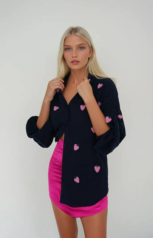 The Navy Pink Strawberry Embroidered Shirt