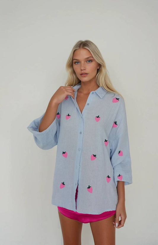 The Blue Pink Strawberry Embroidered Shirt