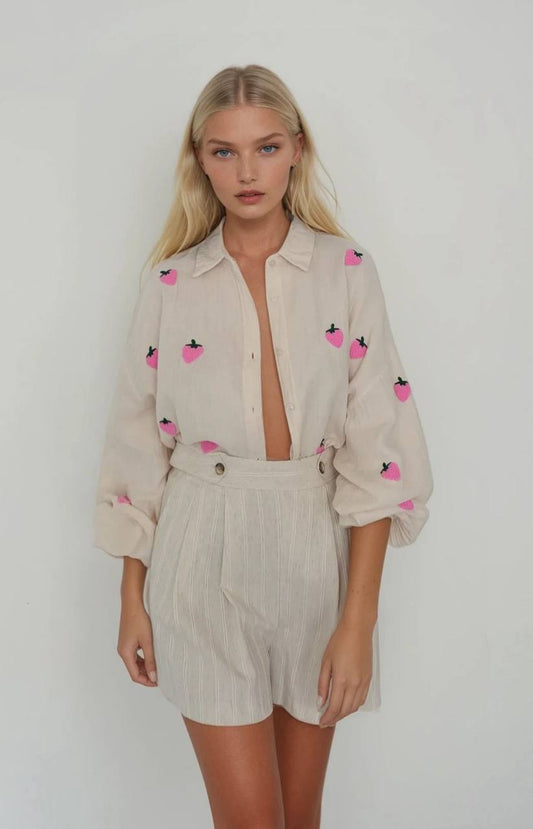 The Beige Pink Strawberry Embroidered Shirt