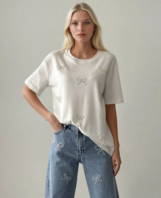 Pearl Bow Off White T-Shirt