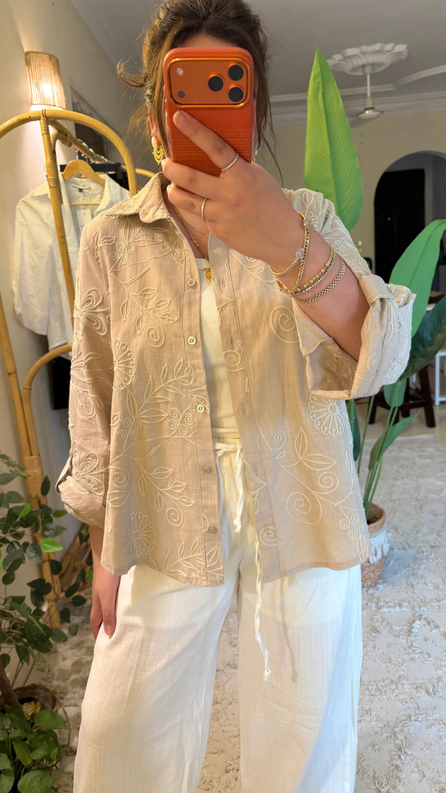 Beige Floral Embroidered Cotton Shirt