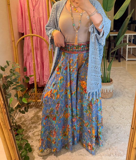 Blue Paisley Satin Embroidered Skirt Pants