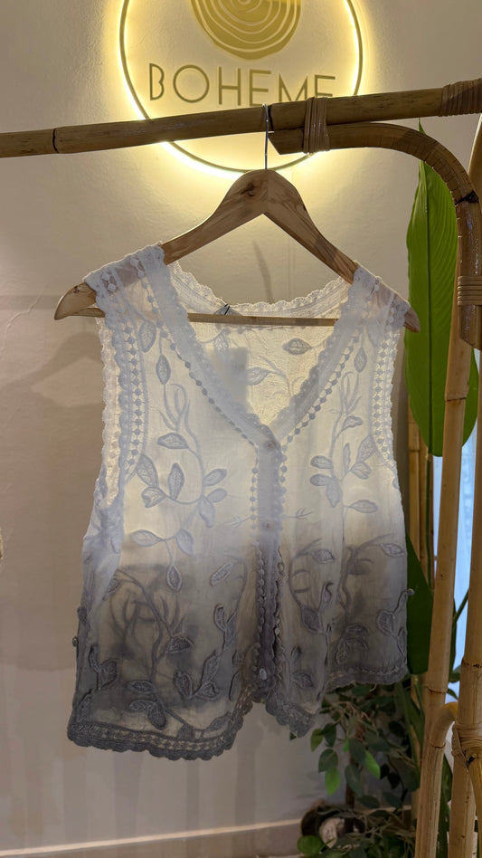 Lace White Cafe Embroidered Petals Vest