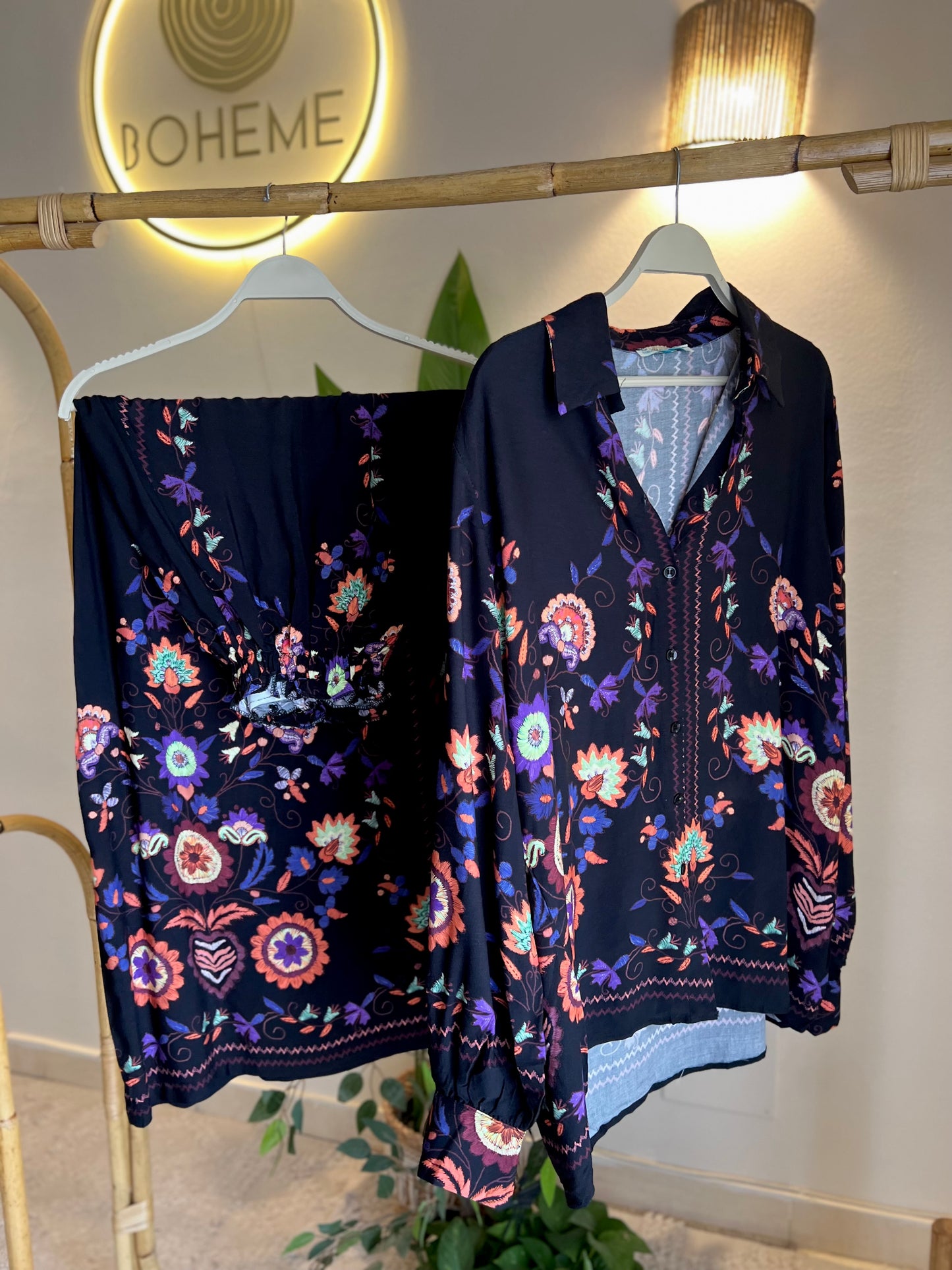 Floral Black Oversized Shirt Set