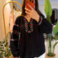 Black Floral Red Embroidered Blouse