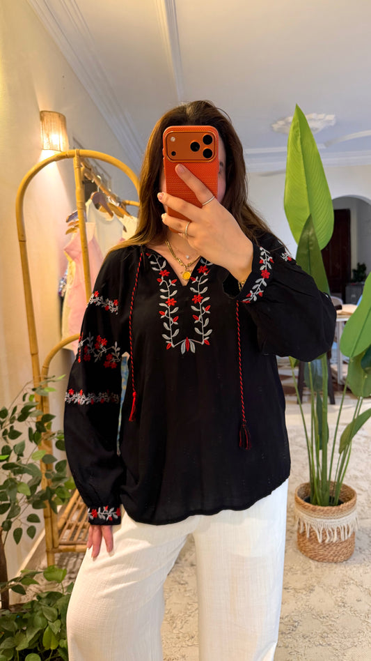 Black Floral Red Embroidered Blouse