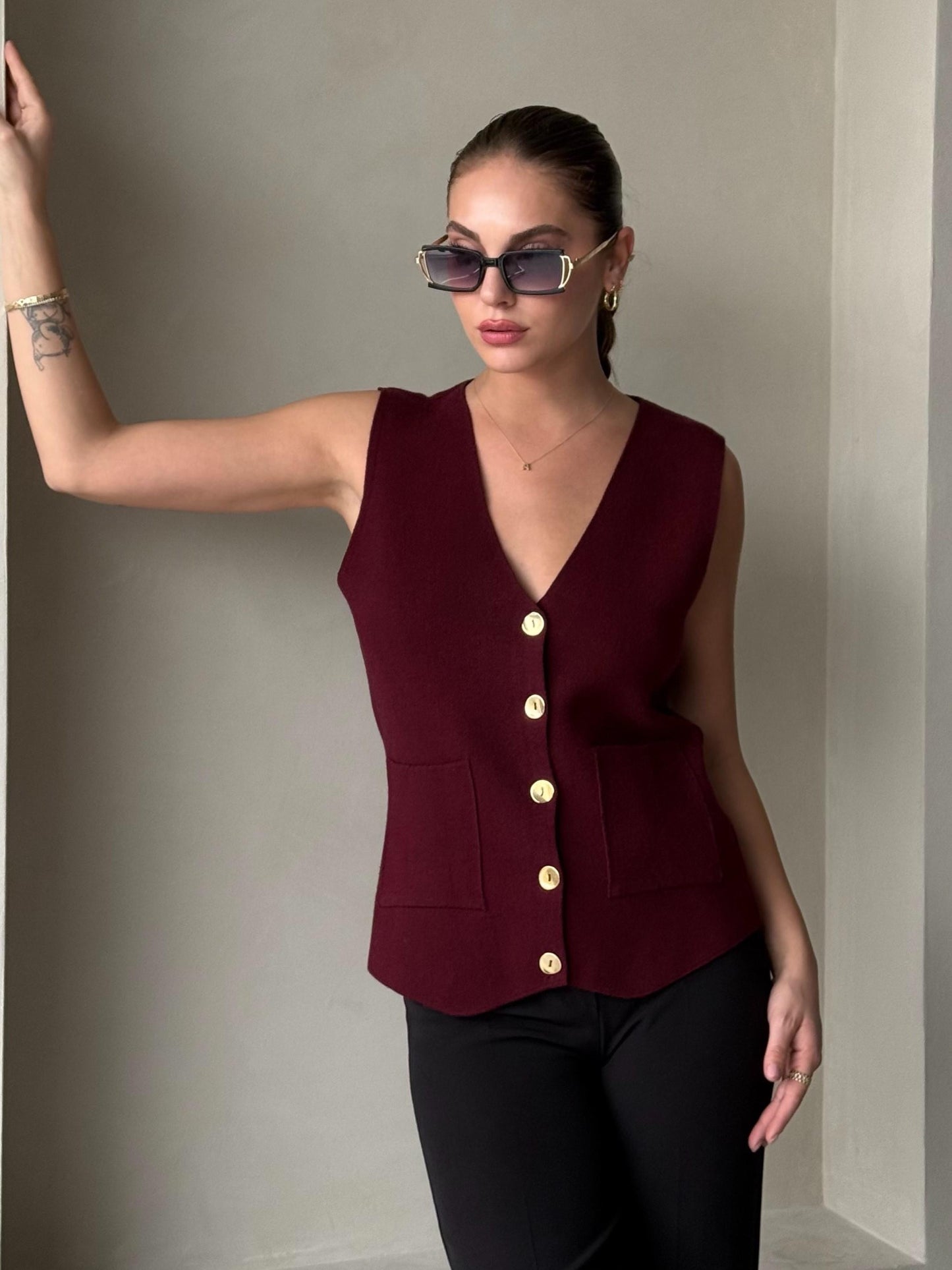 Burgundy Vest With Golden Buttons & Pockets