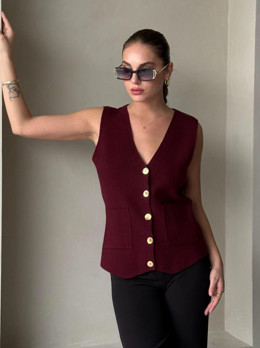 Burgundy Vest With Golden Buttons & Pockets