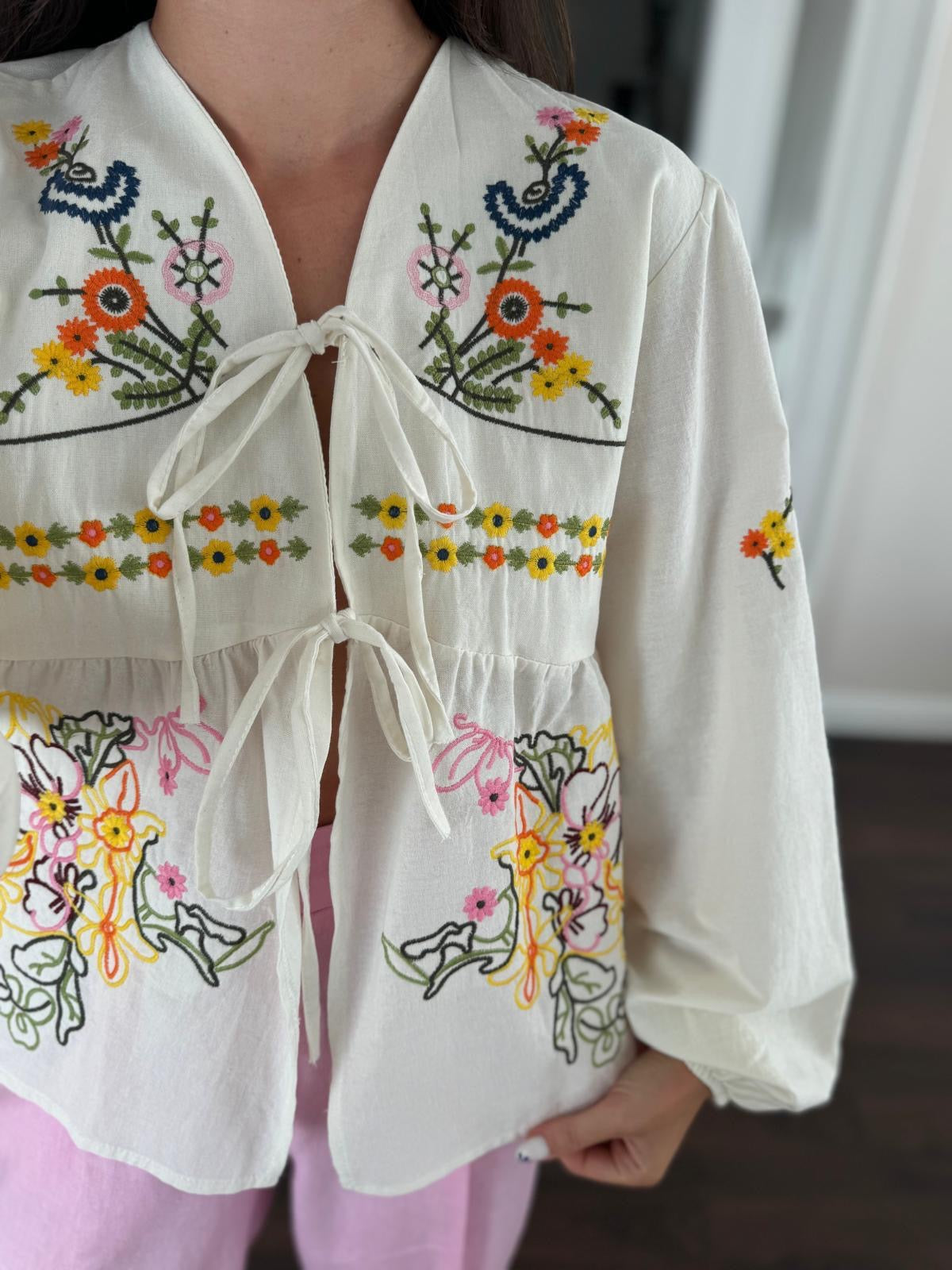 Cotton Embroidered Floral Cardigan With Ties
