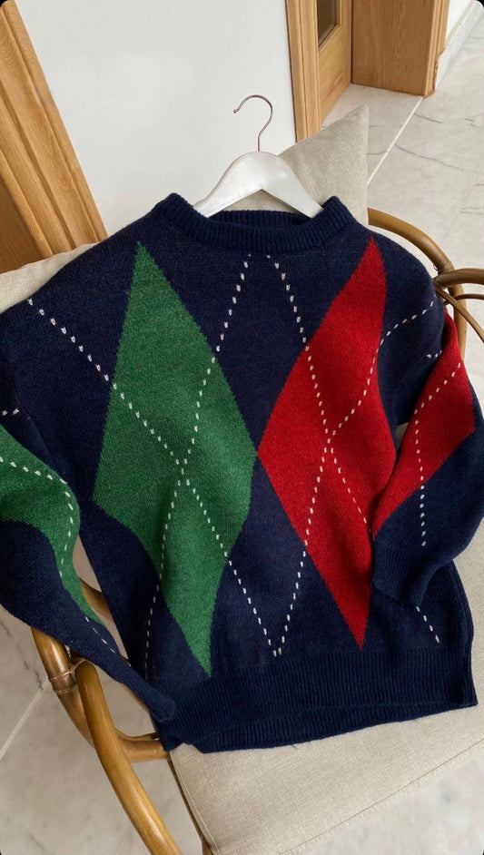 Red X Green Rhombus Navy Pullover