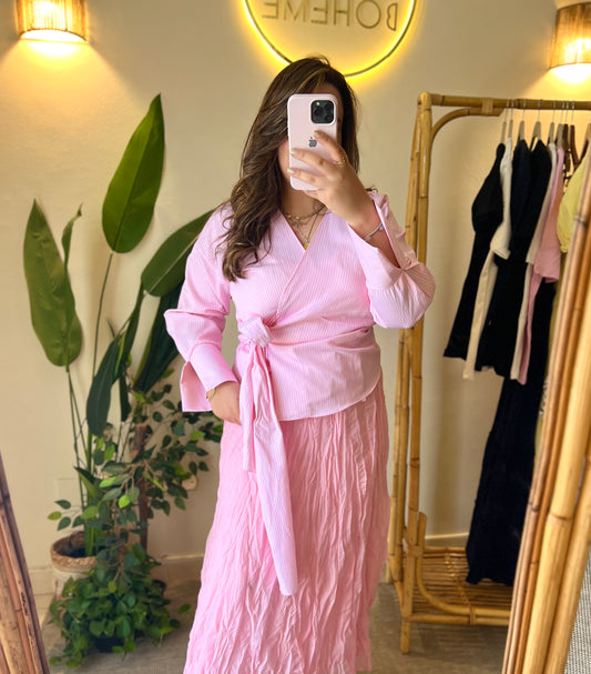 Striped Pink Tie Wrap Shirt