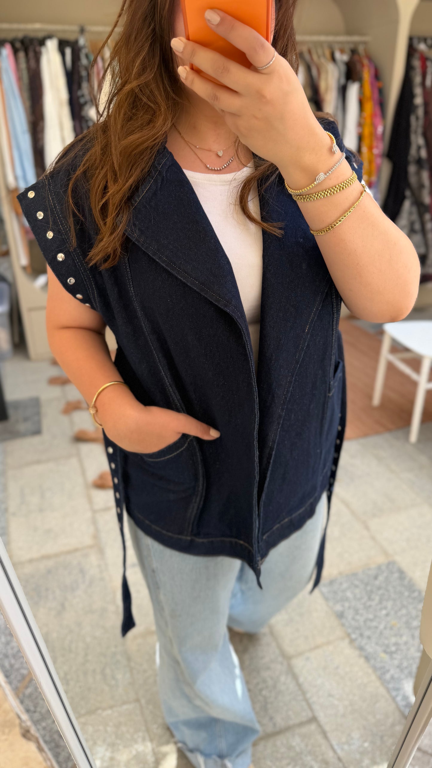 Dark Blue Denim Studded Vest With Belt & Pockets