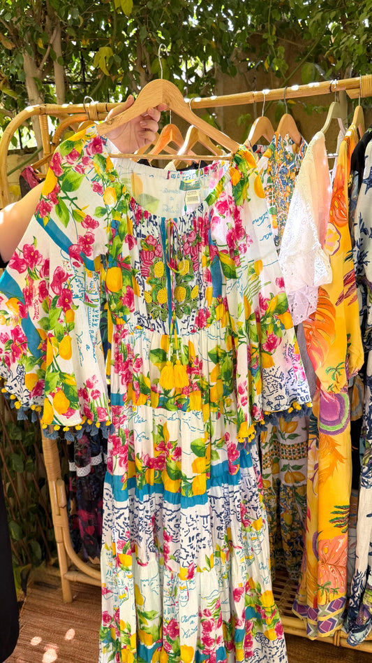 Antica Sartoria Colorful Lemon Dress With Handmade Embroidery Beads