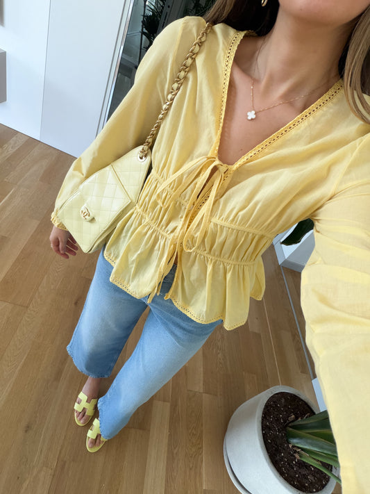 Yellow Elastic Blouse With Front Ties