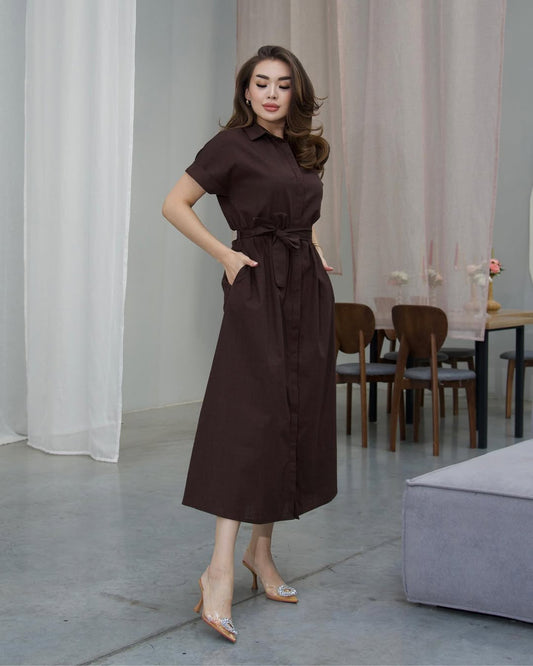 Chocolate Brown Linen Belted Dress