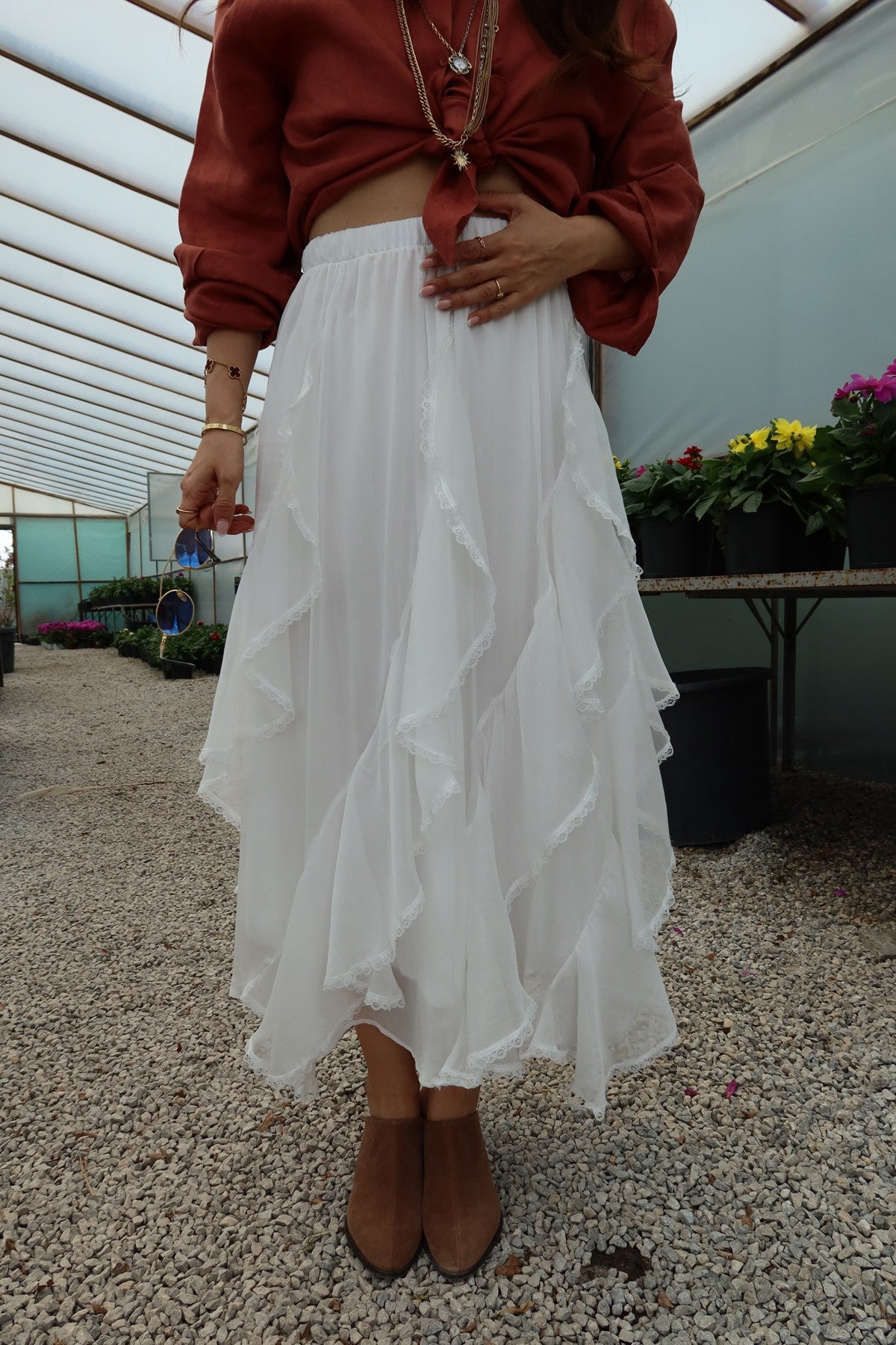 White Asymmetrical Ruffles Chiffon Skirt