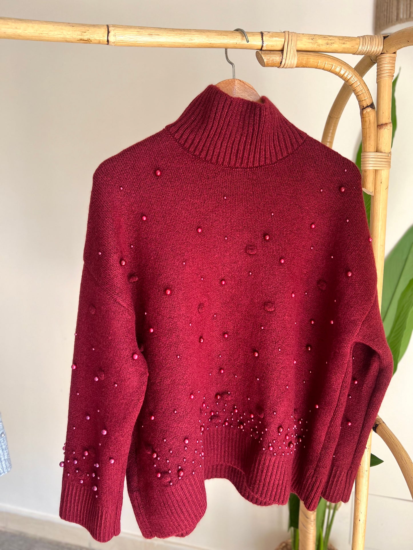 Burgundy Pearl Pompom Pullover