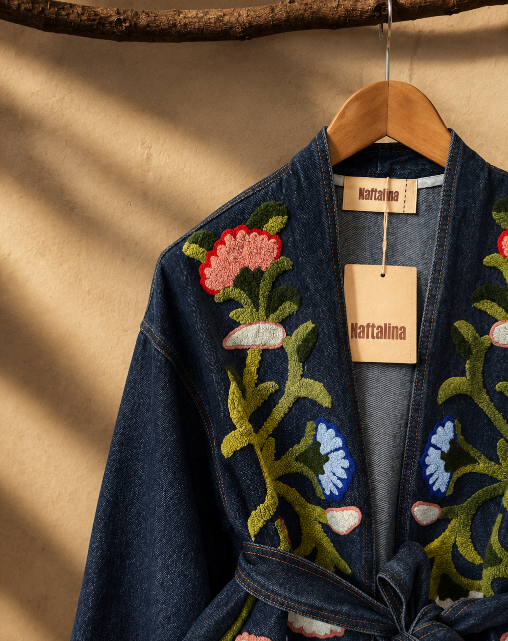 Dark Blue Floral Embroidered Denim Belted Jacket
