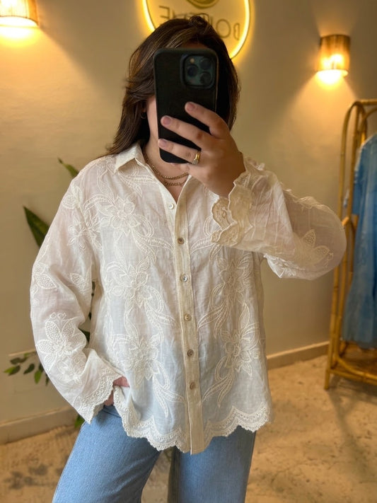 Beige Embroidered Floral Lace Shirt