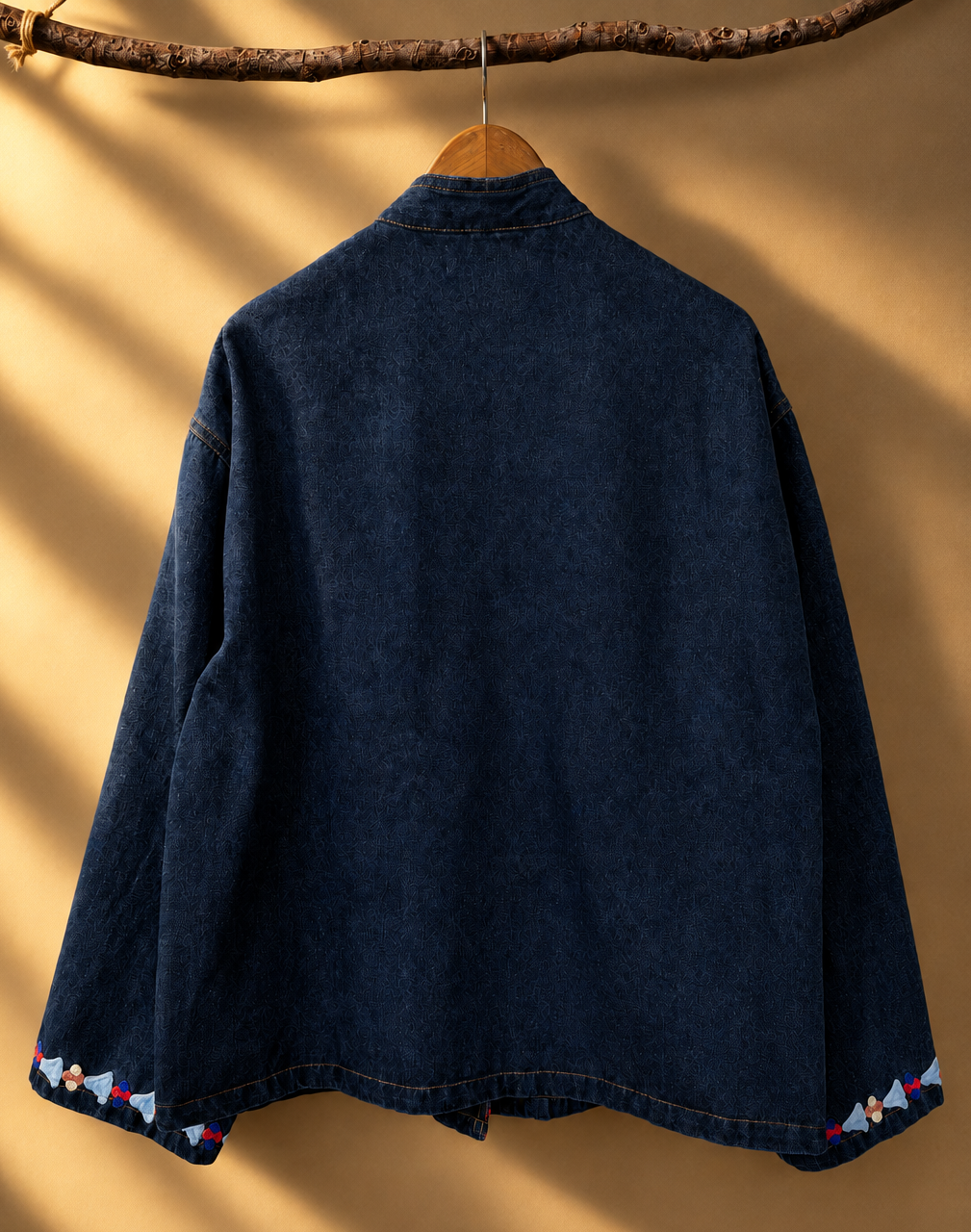 Dark Blue Floral Embroidered Denim Belted Jacket