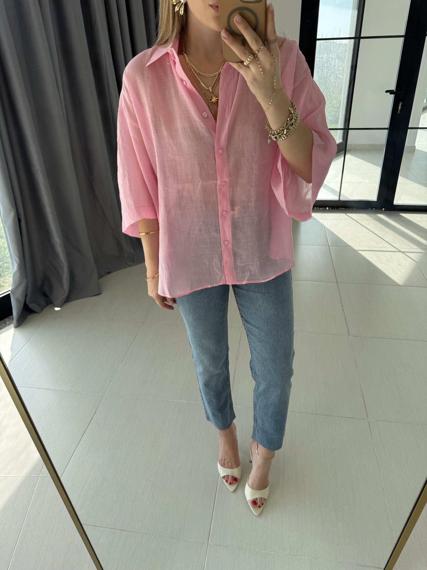 Pink Oversized 3/4 Sleeve Shirt