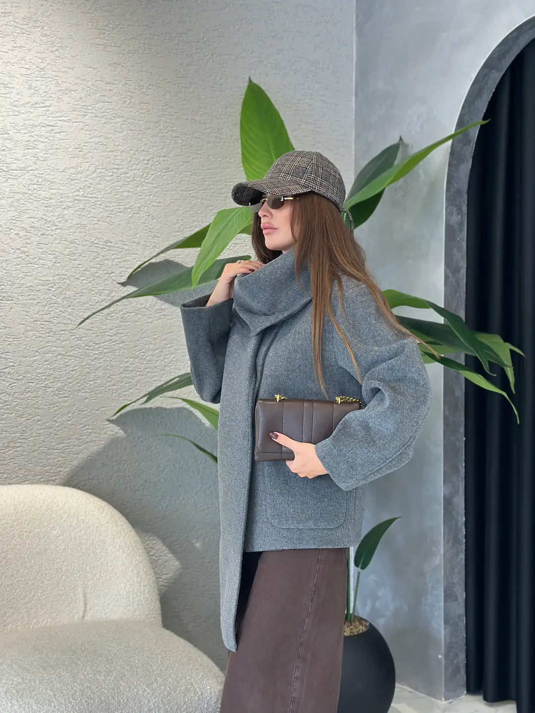 Grey Wool Jacket With Pockets & Detachable Scarf