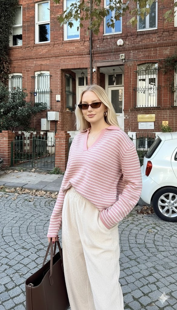 Baby Pink Striped Pullover With Polo Collar