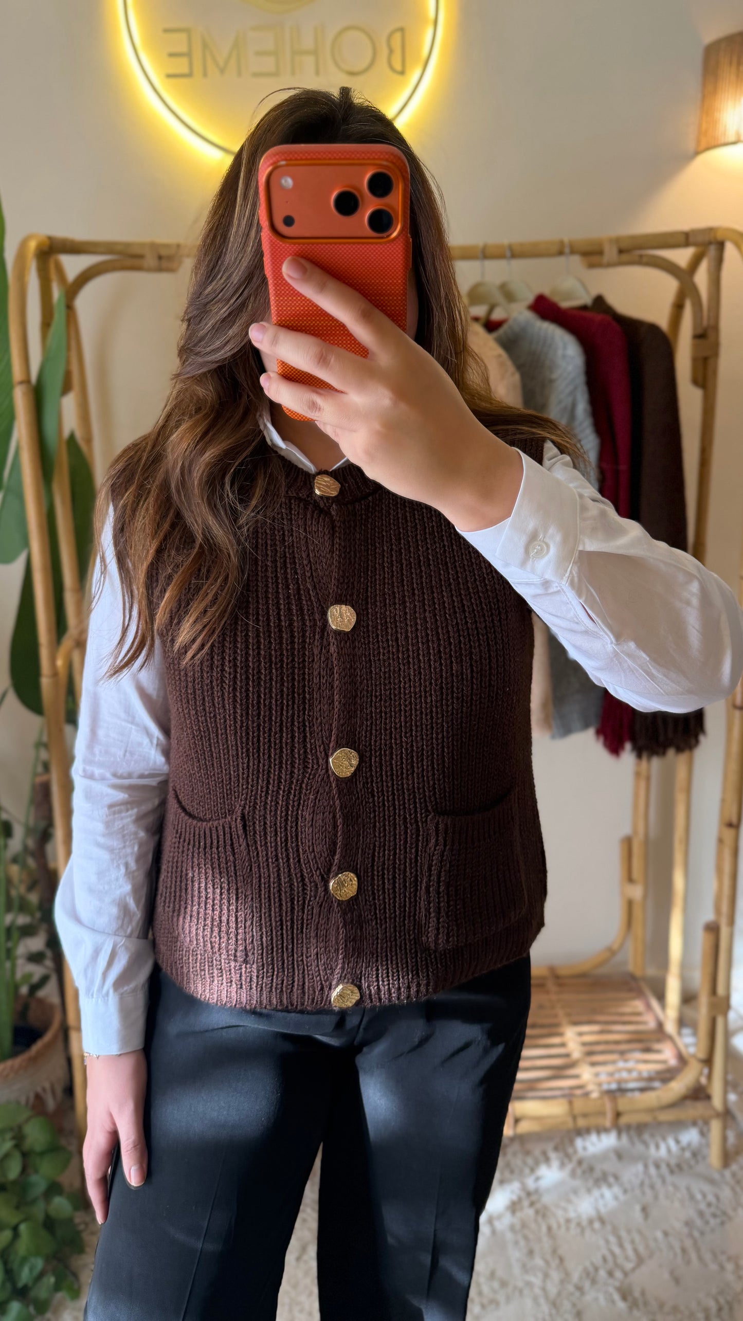 Brown Triko Vest With Pockets & Golden Buttons