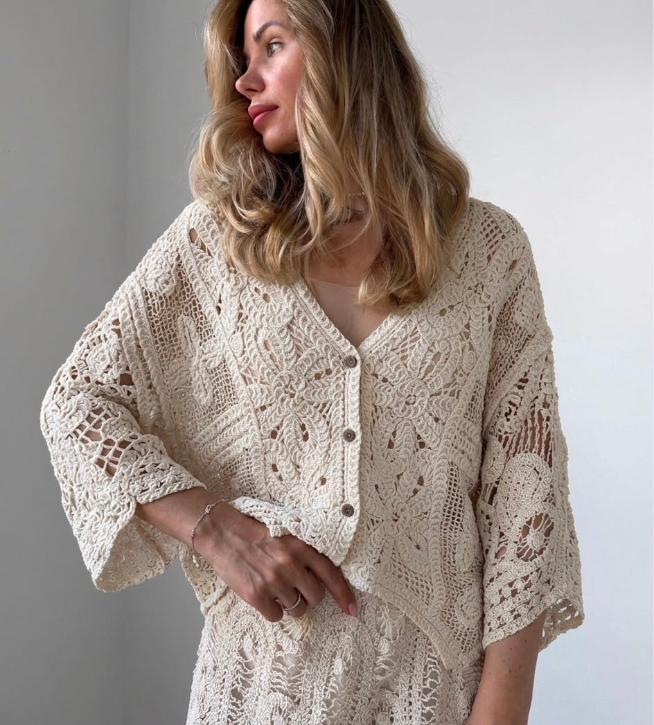 Italian Beige Crochet Top With Buttons