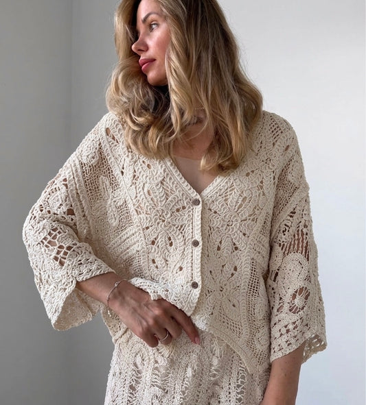 Italian Beige Crochet Top With Buttons