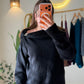 Black Draped Shoulder Pullover With Silver Appliqué