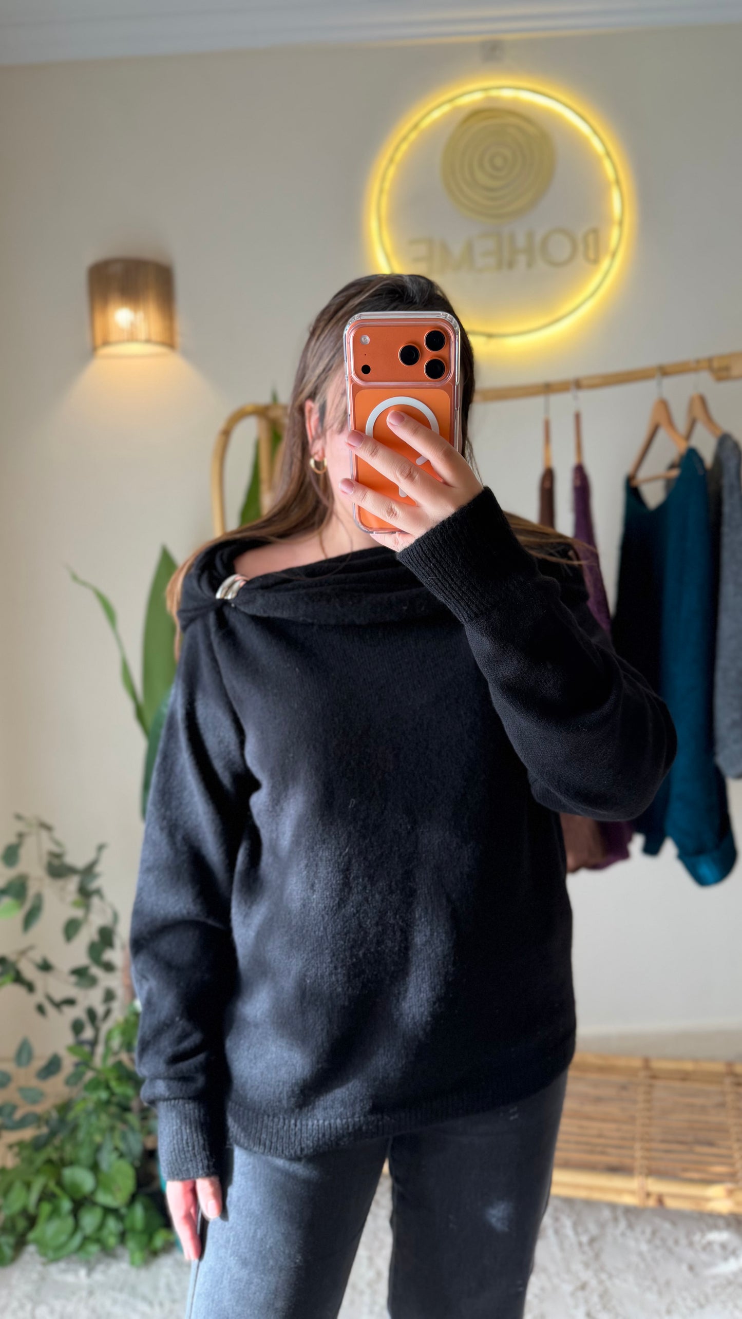 Black Draped Shoulder Pullover With Silver Appliqué