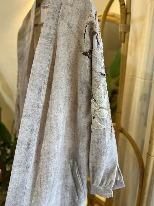 Beige & Brown Linen Embroidered Long Kimono With Pockets
