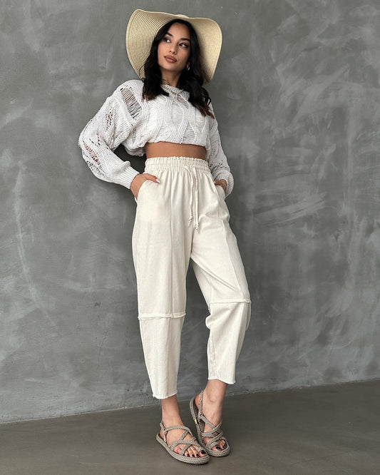 Linen Beige Elastic Waist Pants