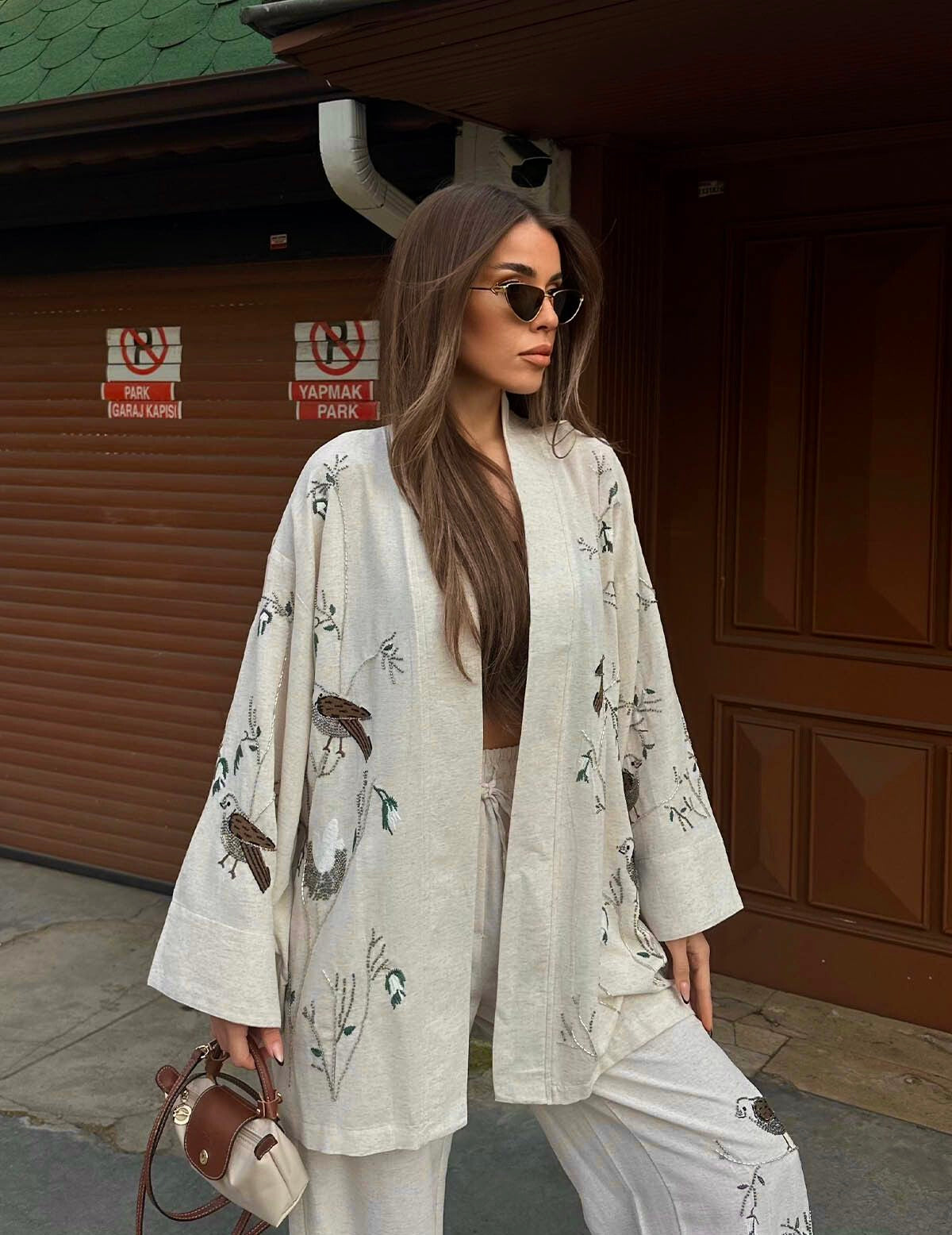 Premium Linen Embroidered Birds Beige Kimono (PREORDER Delivery in 10 days)