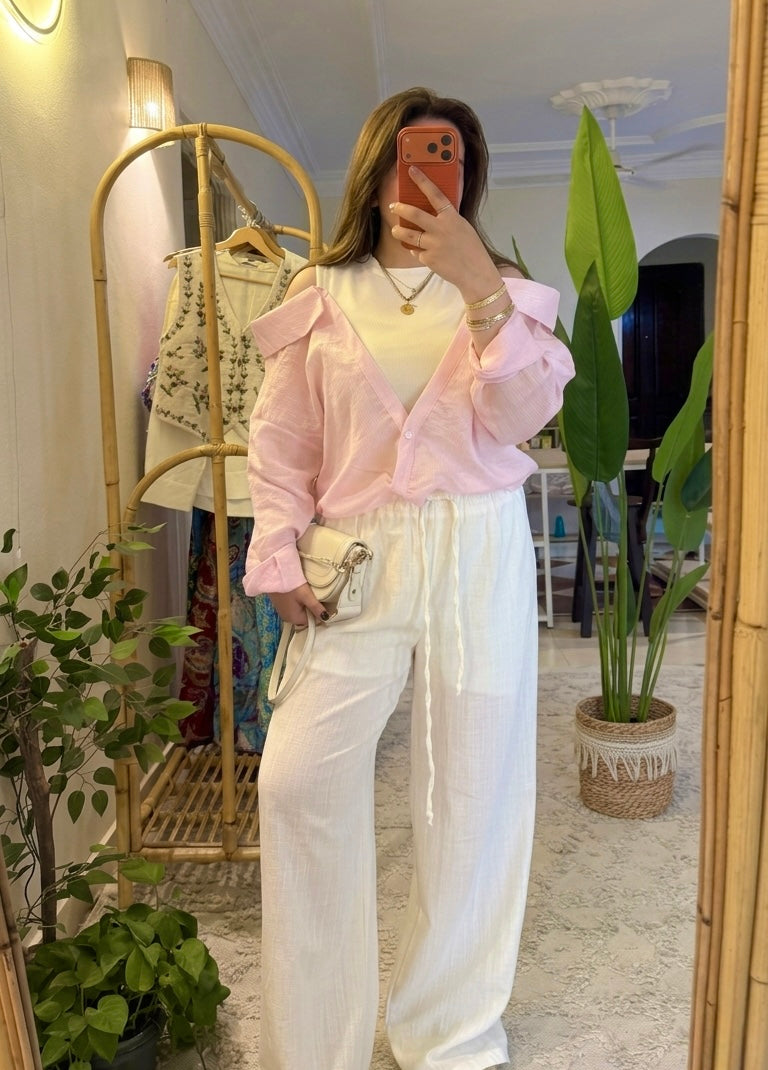 Off Shoulder Striped Pink Shirt With White Top