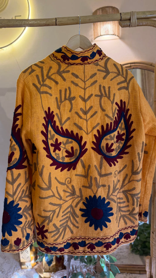 Mustard Burgundy Suzani Embroidered Long Jacket