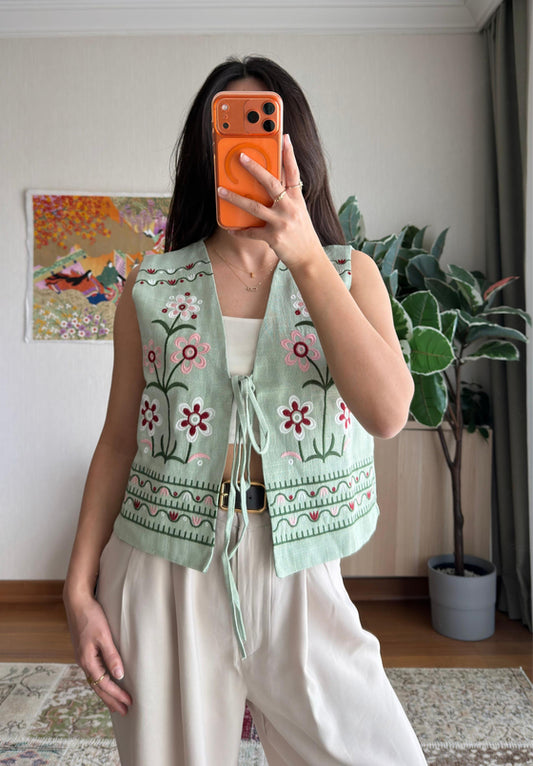 Mint Green Floral Embroidered Vest