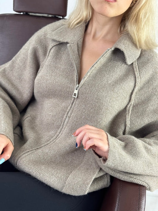Beige Zip Up Wool Jacket