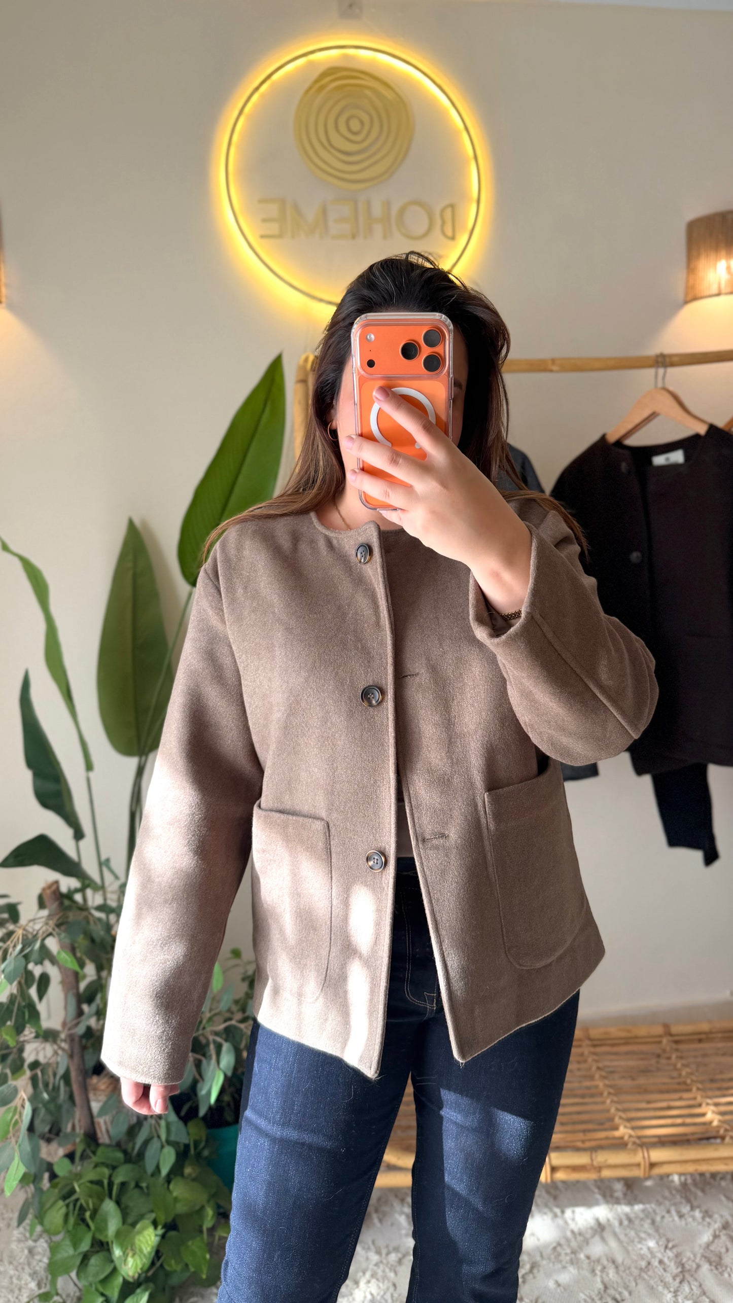Cafe Wool Jacket With Pockets & Detachable Scarf