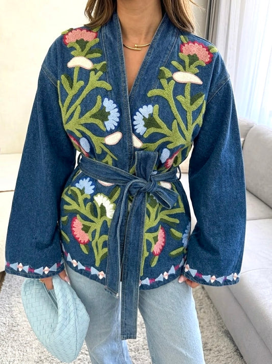 Dark Blue Floral Embroidered Denim Belted Kimono Jacket