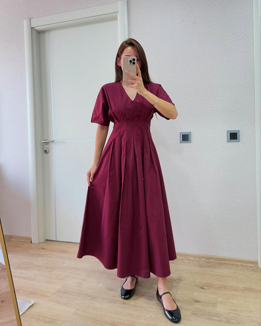 Burgundy Poplin Corset Waist Dress