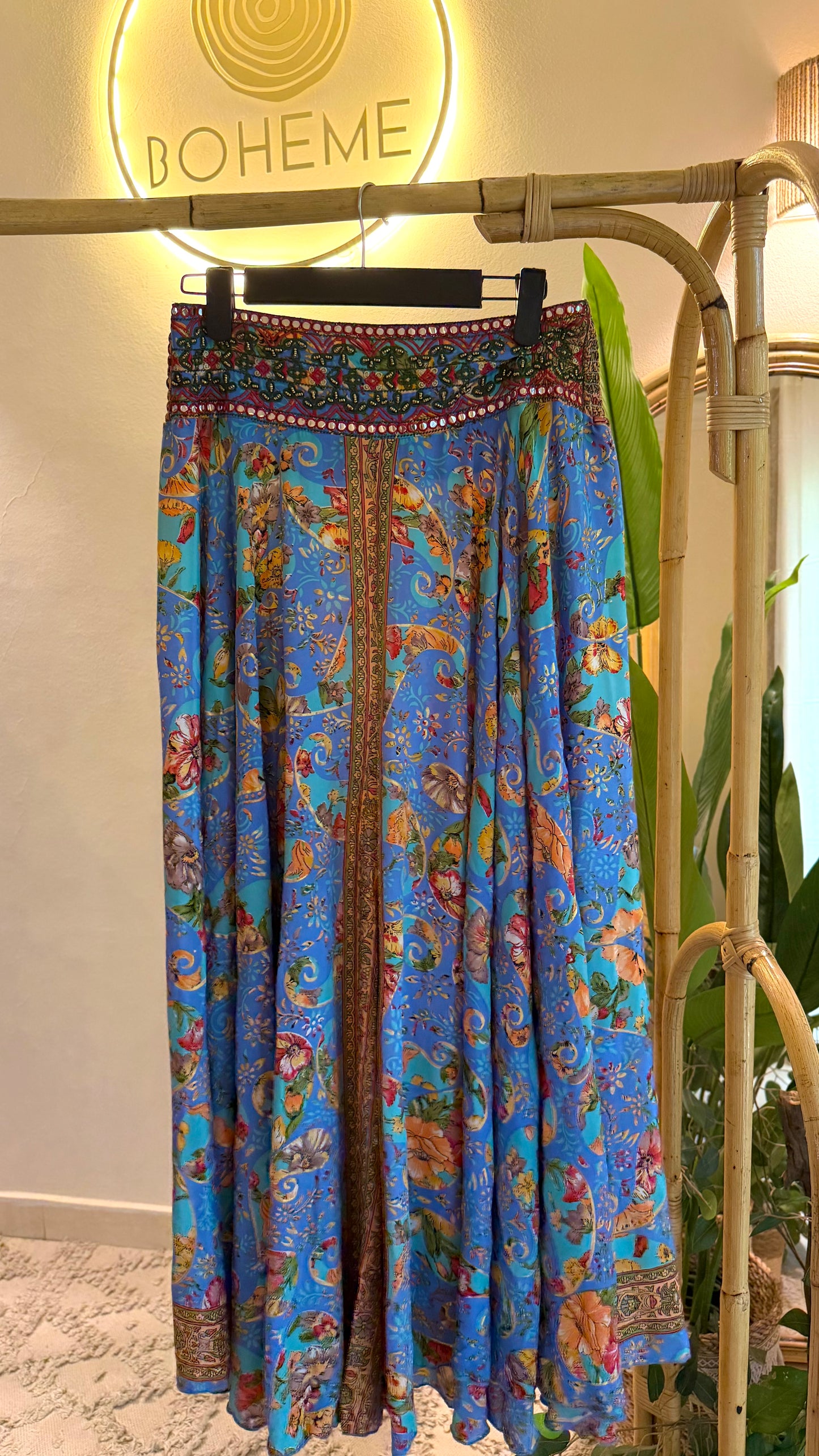 Blue Paisley Satin Embroidered Skirt Pants