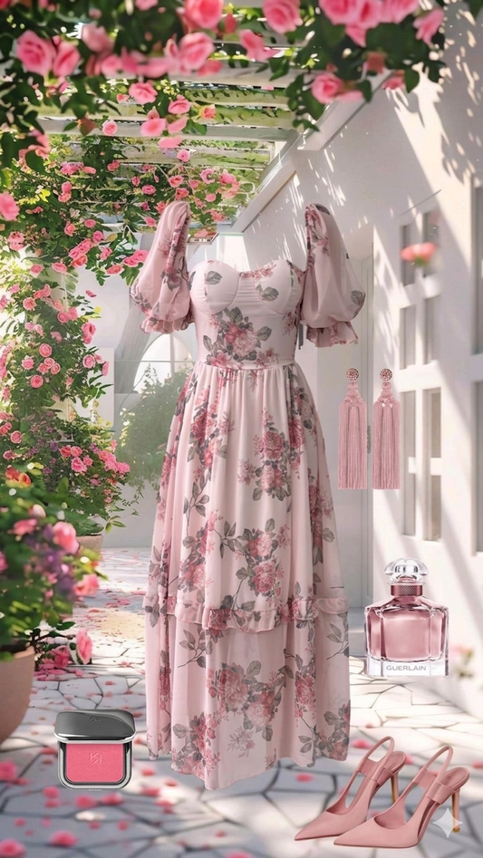 Pink Vintage Chiffon Purfy Sleeves Dress