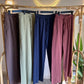 Navy Stripy Linen Straight Leg Pants With Elastic Waist