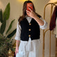 Black Triko Vest With Golden Buttons + Striped Cotton Shirt (2-Piece)