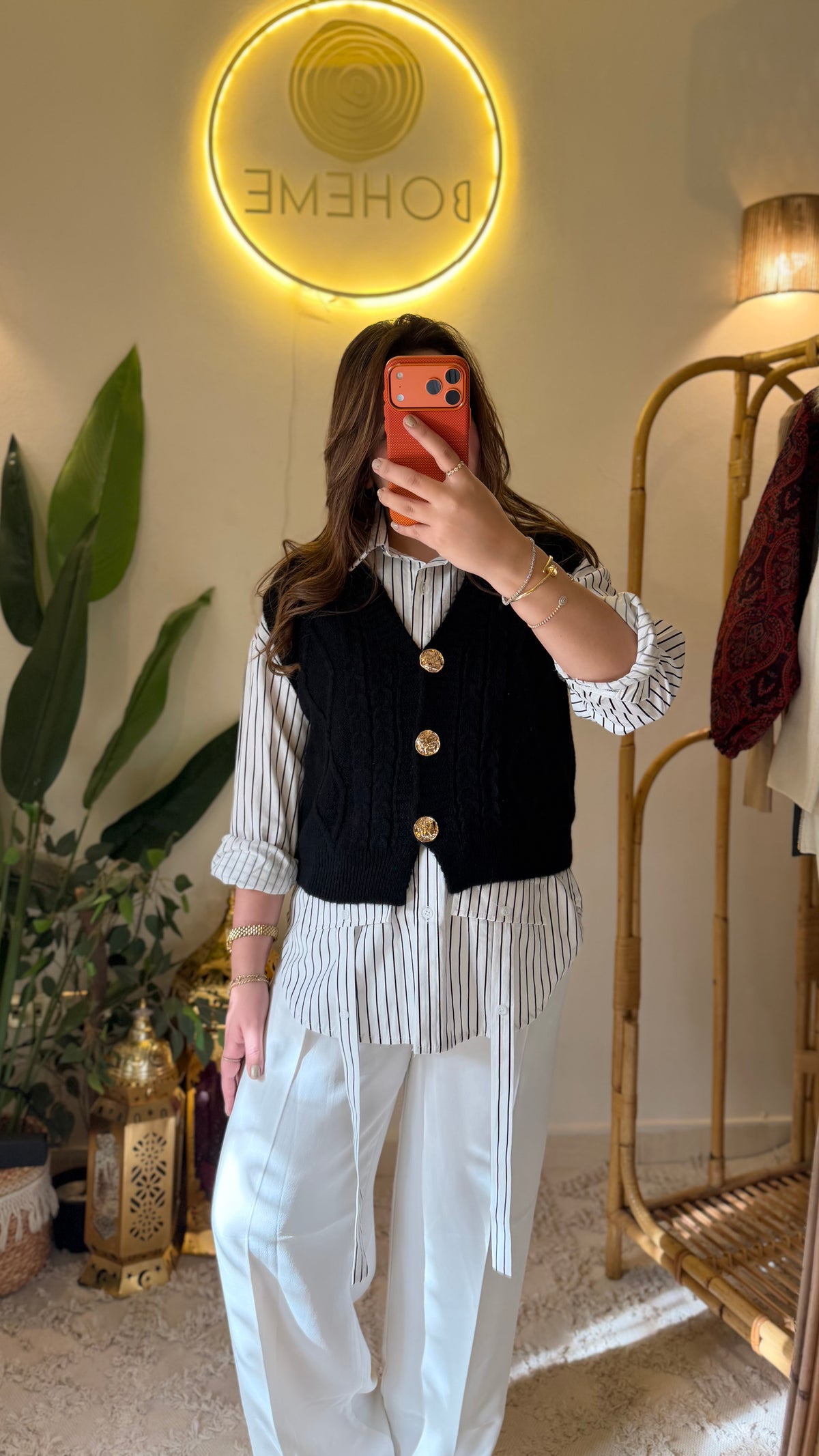Black Triko Vest With Golden Buttons + Striped Cotton Shirt (2-Piece)