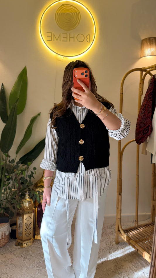 Black Triko Vest With Golden Buttons + Striped Cotton Shirt (2-Piece)