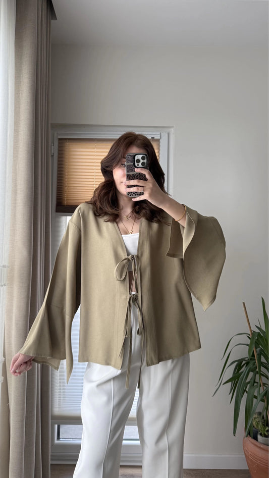 Olive Linen Kimono With Front Ties & Bell-Sleeves