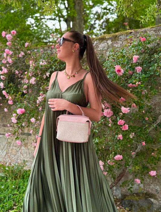Olive Pleated Straps Italian Dress